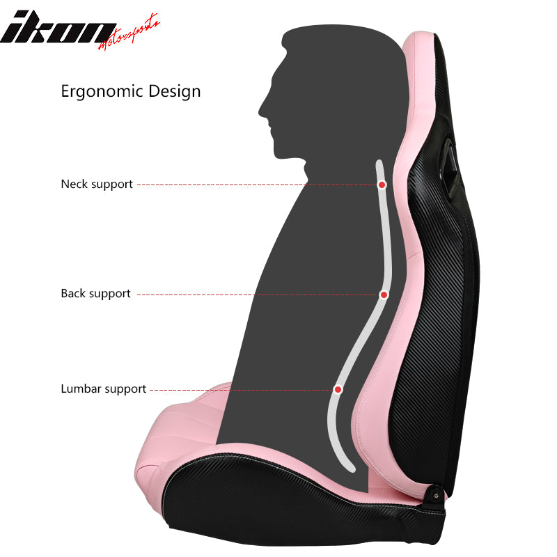 IKON MOTORSPORTS, Universal Racing Seats Pair with Dual Sliders, PU & Carbon Leather Reclinable Left Driver Side + Right Passenger Side