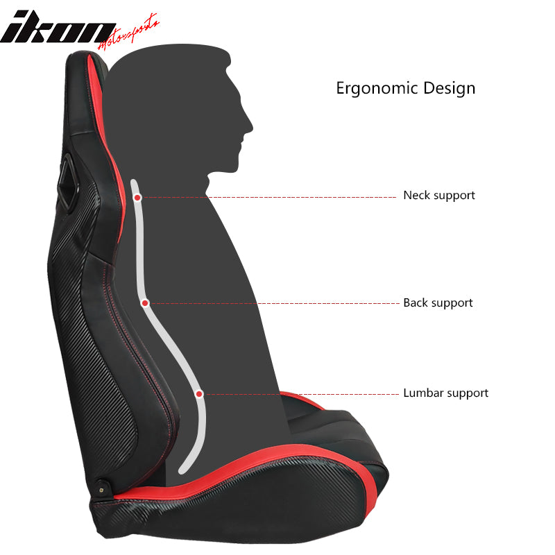 IKON MOTORSPORTS, Universal Racing Seats with Dual Sliders, PU & Carbon Leather Red Stripe Reclinable Left Driver Side