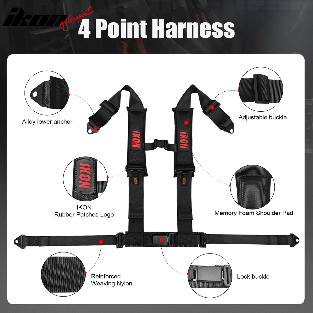 Universal Pair 4 Point Adjustable Racing Seat Belt Harness 3" Strap Buckle Black