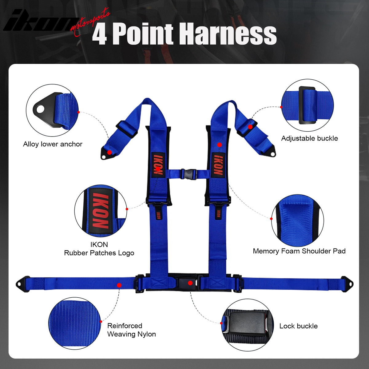 Universal Pair 4 Point Adjustable Racing Seat Belt Harness 3" Strap Buckle Blue