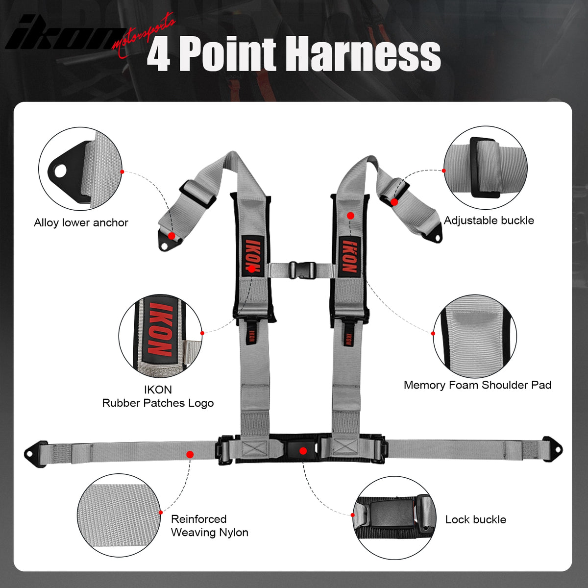 Universal Pair 4 Point Adjustable Racing Seat Belt Harness 3" Strap Buckle Grey