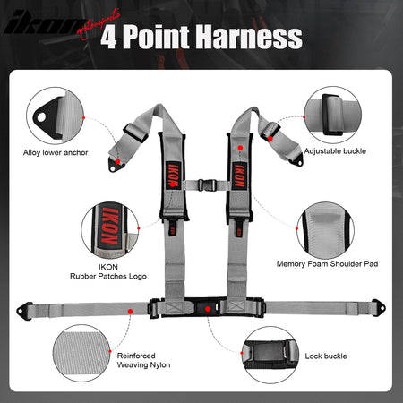 Universal Pair 4 Point Adjustable Racing Seat Belt Harness 3" Strap Buckle Grey