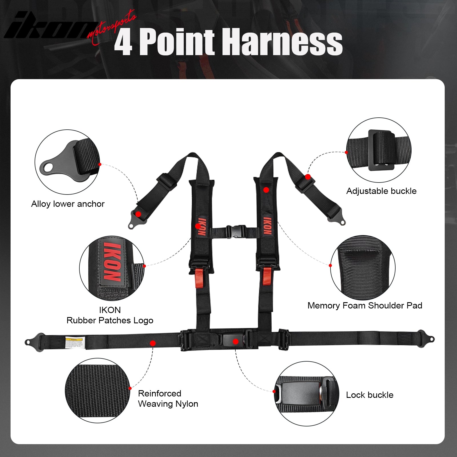 Universal 4 Point Adjustable Racing Seat Belt Harness 2" Wide Strap Buckle Black