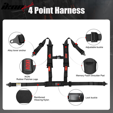 Universal 4 Point Adjustable Racing Seat Belt Harness 2" Wide Strap Buckle Black