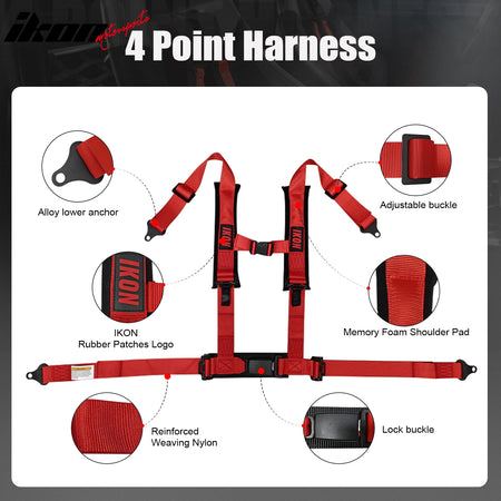 Universal 4 Point Adjustable Racing Seat Belt Harness 2" Wide Strap Buckle Red