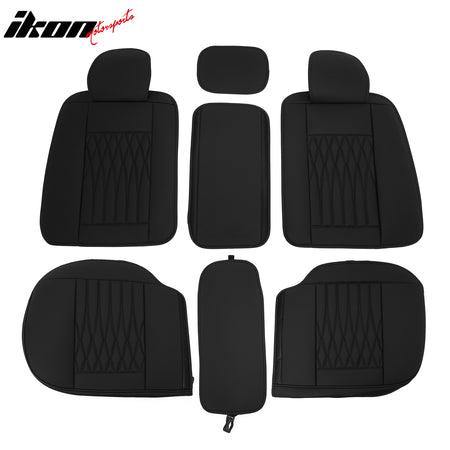 IKON MOTORSPORTS Car Seat Covers, Waterproof Easy Clean PU Leather Auto Seat Cushion Protector, 05 Style Universal Fit Driver Seat Cover for 5 Passenger Cars SUV Trucks (Front Rear Full Set, Black)