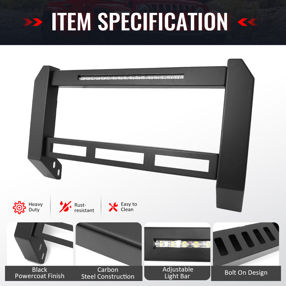 IKON MOTORSPORTS Bull Bar With LED Light Bar, Compatible with 2015-2022 Chevy Colorado & GMC Canyon, Black Steel Aluminum Front Bumper Brush Push Grille Guard W/ License Plate Mounting Bracket