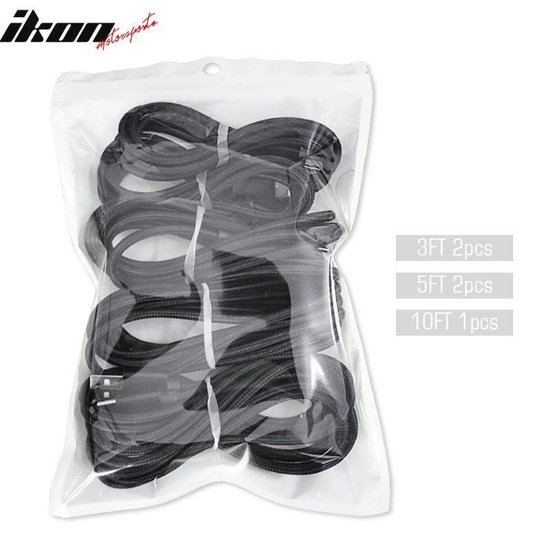 IKON MOTORSPORTS, Type C USB Charge Cable Black Fast Charging Data Sync Cable Nylon 3Ft 6Ft 10Ft 5Pcs