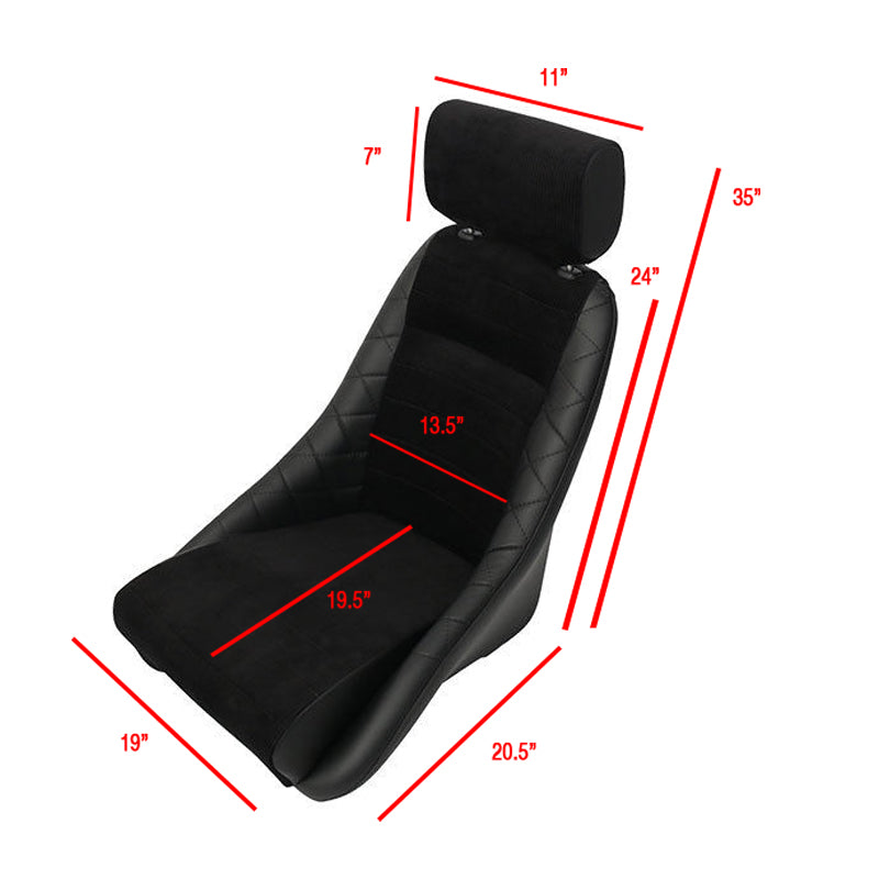 Universal Fitment Classic Bucket Single Seat With Sliders Suede Black Polyurethane Faux Leather by IKON MOTORSPORTS
