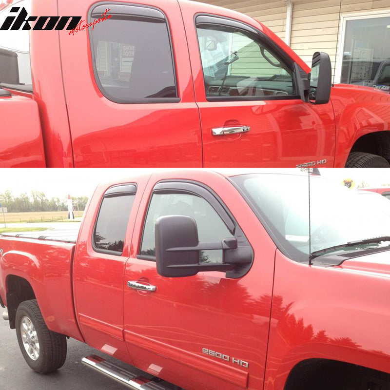 IKON MOTORSPORTS Tape On External Window Visor, Compatible With 2007-2014 Chevrolet Silverado & GMC Sierra Extended Cab, Slim Style Acrylic Smoke Tinted Rain Guard Wind Vent Air Deflector