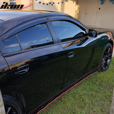 Tape on External Window Visors Compatible With 2011-2023 Dodge Charger, Slim Style Acrylic Black Sun Rain Guards Cover By IKON MOTORSPORTS, 2012 2013 2014 2015 2016 2017 2018 2019 2020 2021