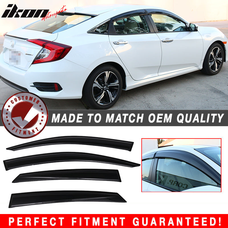 IKON MOTORSPORTS, Window Visor Compatible With 2016-2021 Honda Civic Sedan Vent Sun Shade Rain Guards Side Window Deflectors