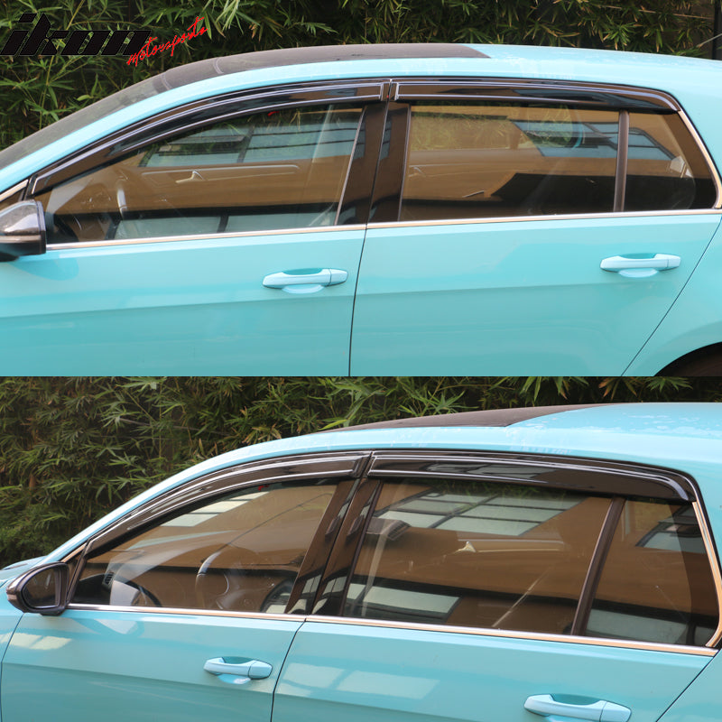 IKON MOTORSPORTS Window Visors Compatible With 2015-2019 Volkswagen Golf MK7, Dark Smoke Factory Style Acrylic Car Rain Sun Window Shade Guard Visor