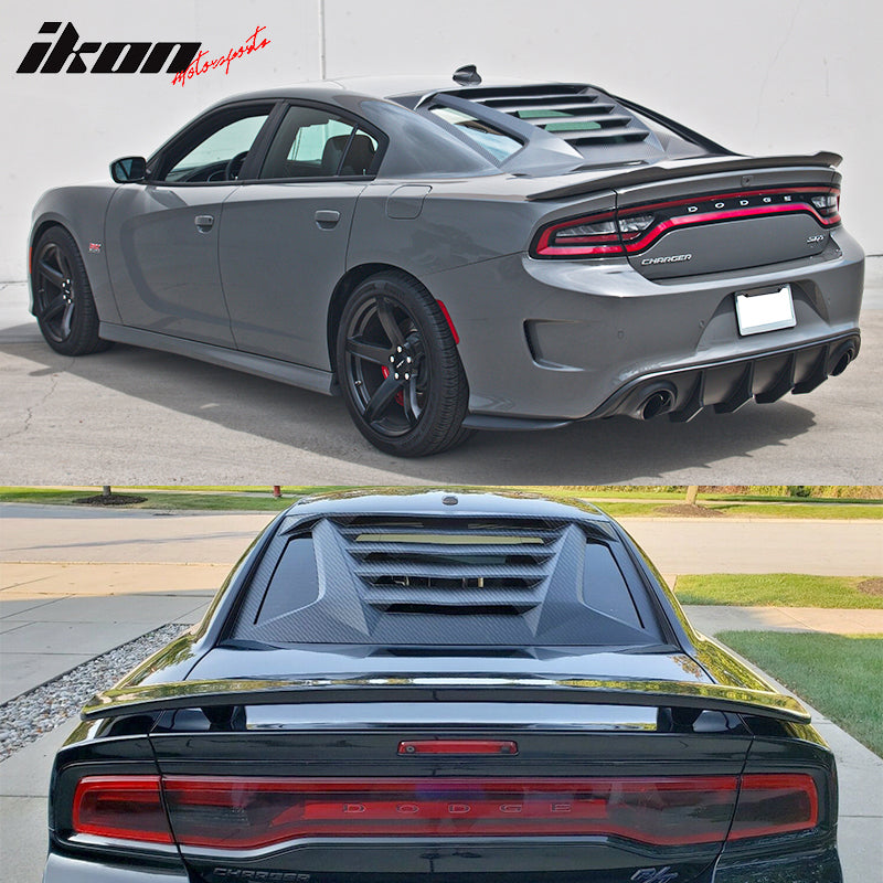 IKON MOTORSPORTS, Rear Window Louver Compatible With 2011-2023 Dodge Charger, Carbon Fiber Print Sun Shade Cover Windshield Scoop, 2012 2013 2014 2015 2016 2017 2018 2019 2020